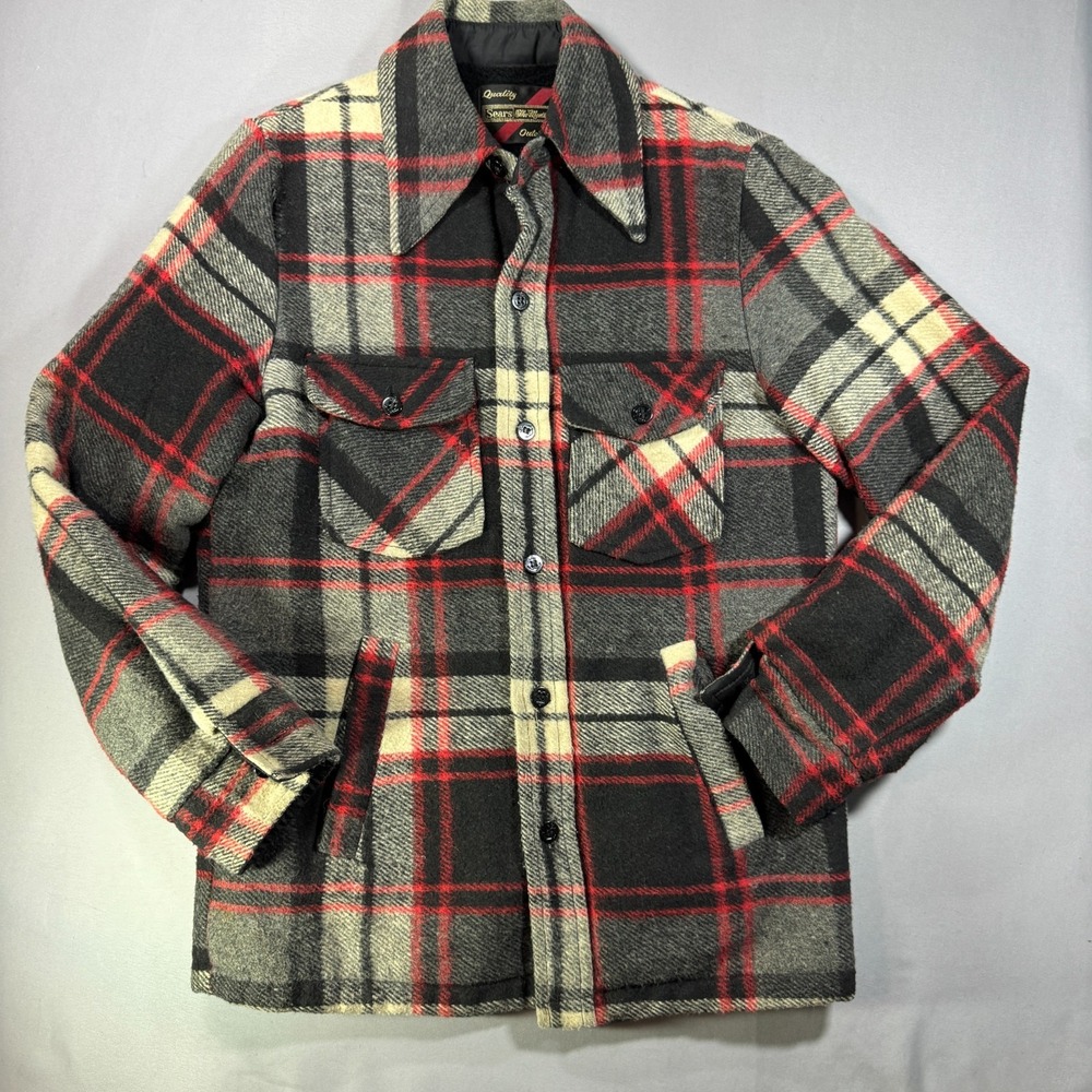 Vintage Sears Mens Plaid Sherpa Lined CPO Shirt Jacket Red Black Wool Blend 36 R